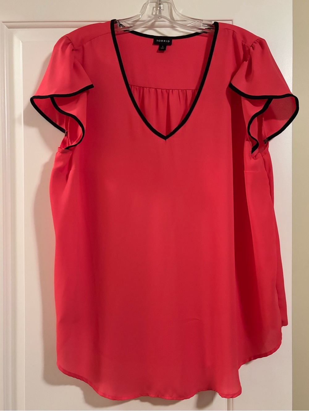 Torrid Coral V-Neck Flutter Sleeve Blouse with Black Trim